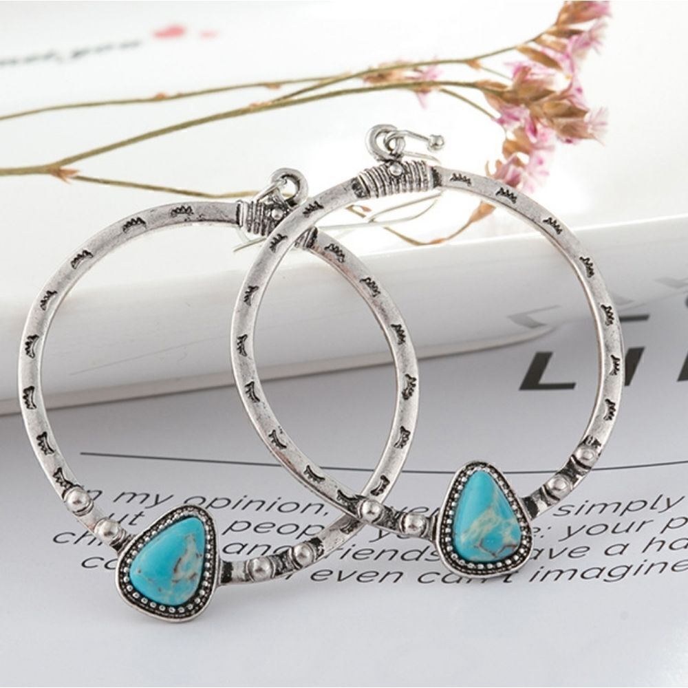 Cute Turquoise Hoops Silver Southwest Earrings New